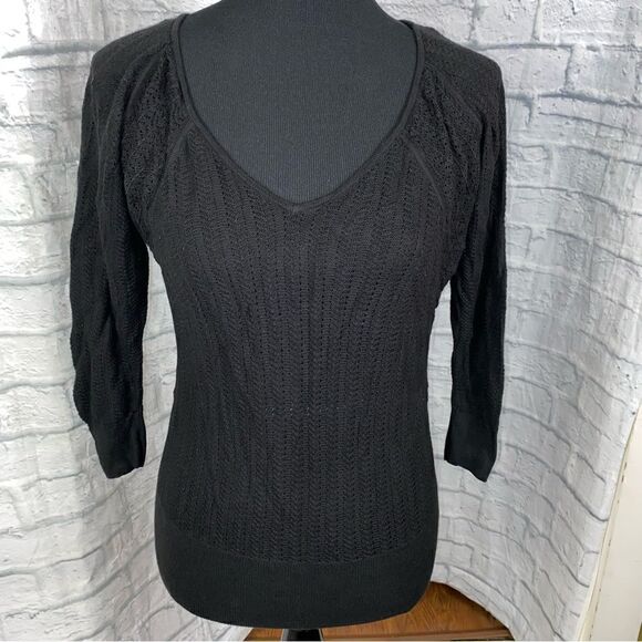 V-neck 3/4 sleeve open knit sweater black sz small - Picture 1 of 8